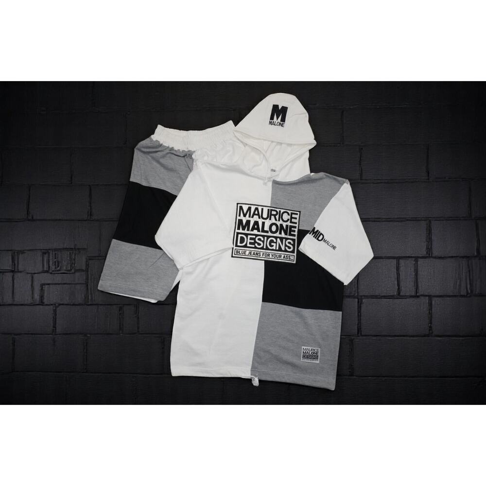 Maurice Malone Designs Colorblock Hoodie Shorts Set Men’s L White Gray Black MMI